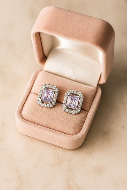 925 Silver Classic Emerald Cut Zircon Halo Stud Earrings for Women