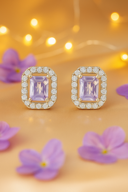 925 Silver Classic Emerald Cut Zircon Halo Stud Earrings for Women