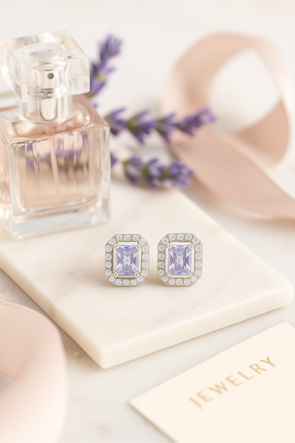 925 Silver Classic Emerald Cut Zircon Halo Stud Earrings for Women