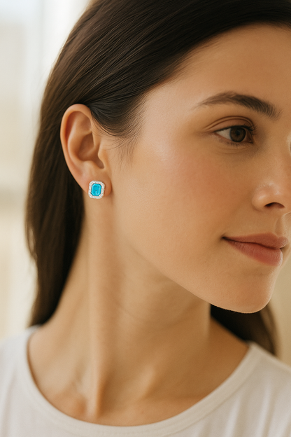 925 Silver Classic Emerald Cut Zircon Halo Stud Earrings for Women