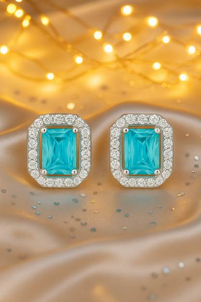 925 Silver Classic Emerald Cut Zircon Halo Stud Earrings for Women