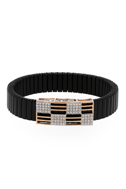 Men’s Black Elastic Bracelet with Geometric Rose Gold & Zircon Detailing