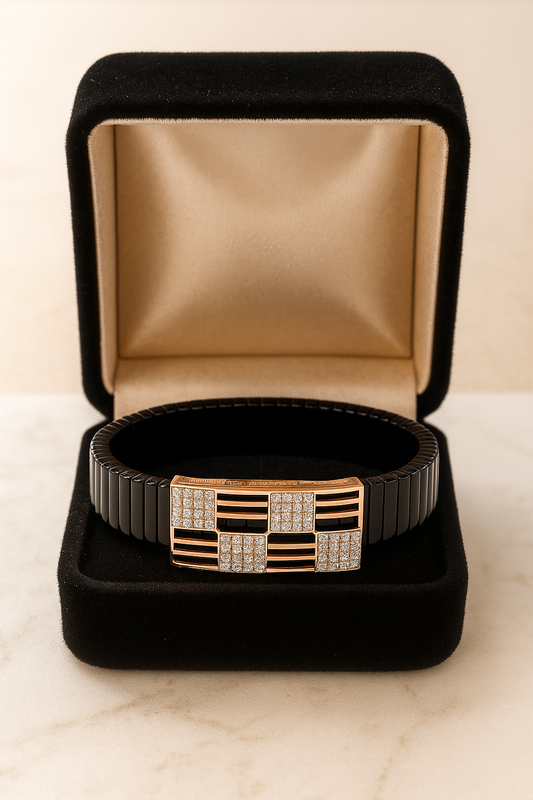 Men’s Black Elastic Bracelet with Geometric Rose Gold & Zircon Detailing