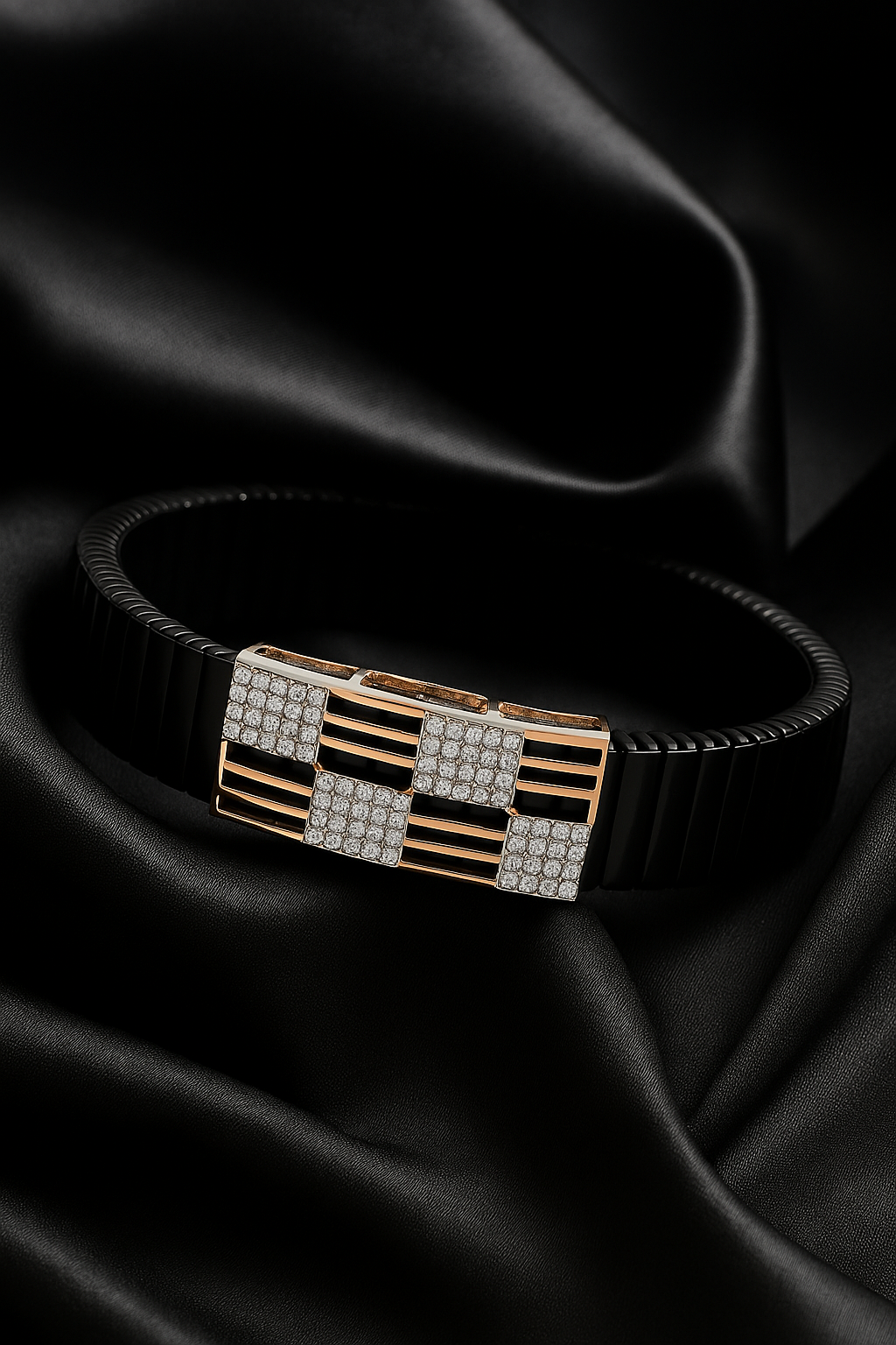 Men’s Black Elastic Bracelet with Geometric Rose Gold & Zircon Detailing