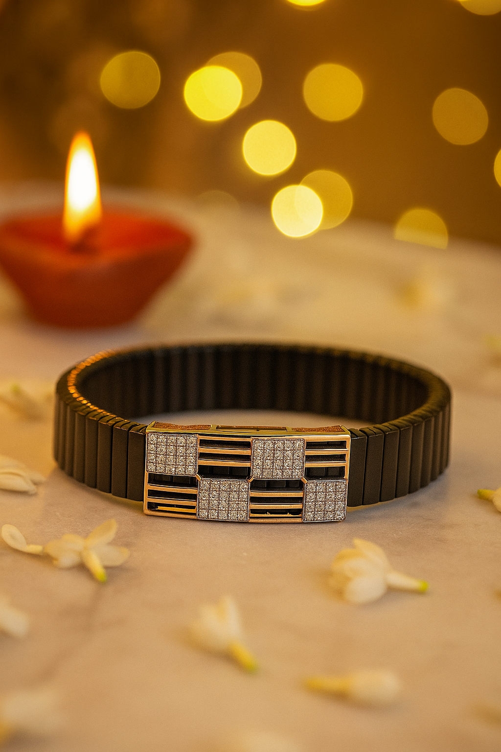 Men’s Black Elastic Bracelet with Geometric Rose Gold & Zircon Detailing