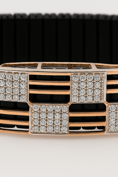 Men’s Black Elastic Bracelet with Geometric Rose Gold & Zircon Detailing
