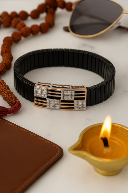 Men’s Black Elastic Bracelet with Geometric Rose Gold & Zircon Detailing