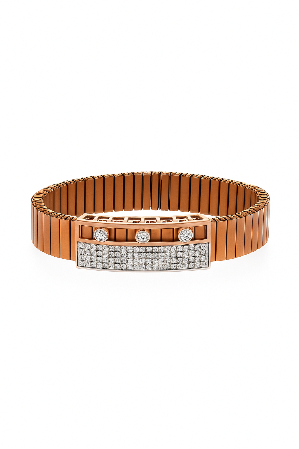 Rose Gold Stretch Men’s Bracelet with Triple CZ Accents & Micro-Pavé Plate