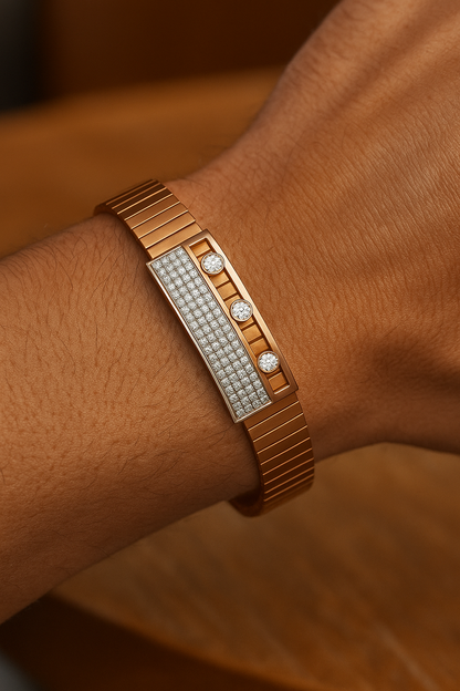 Rose Gold Stretch Men’s Bracelet with Triple CZ Accents & Micro-Pavé Plate