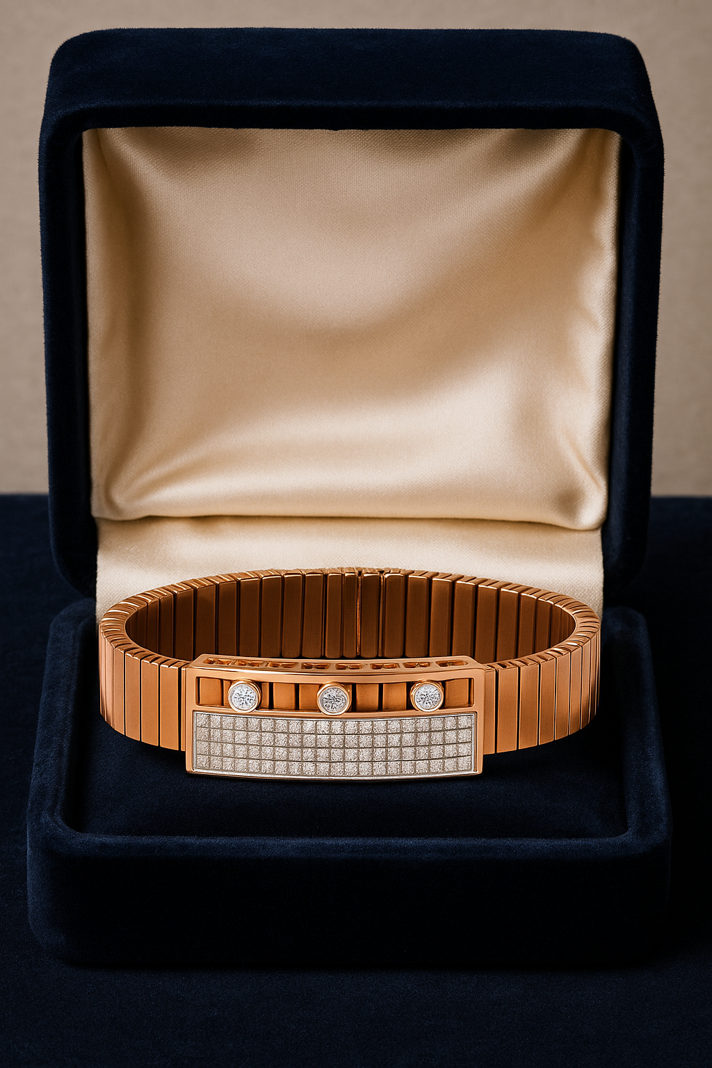 Rose Gold Stretch Men’s Bracelet with Triple CZ Accents & Micro-Pavé Plate