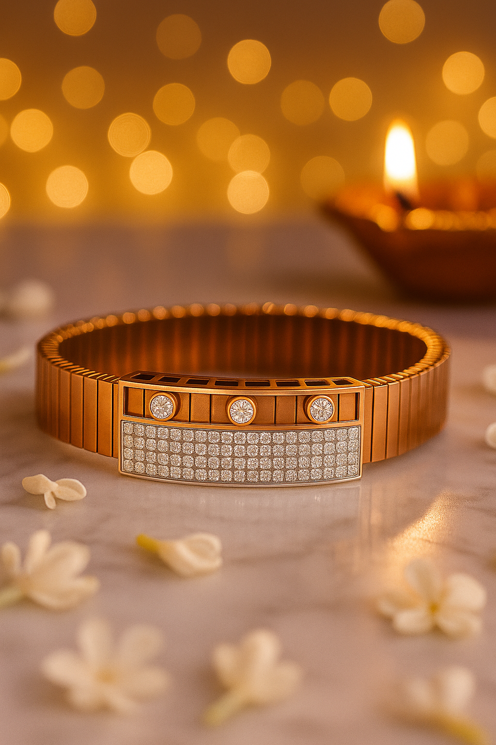 Rose Gold Stretch Men’s Bracelet with Triple CZ Accents & Micro-Pavé Plate