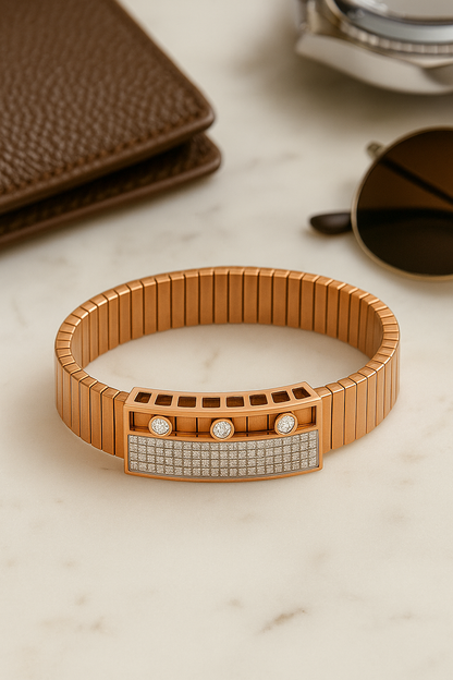 Rose Gold Stretch Men’s Bracelet with Triple CZ Accents & Micro-Pavé Plate
