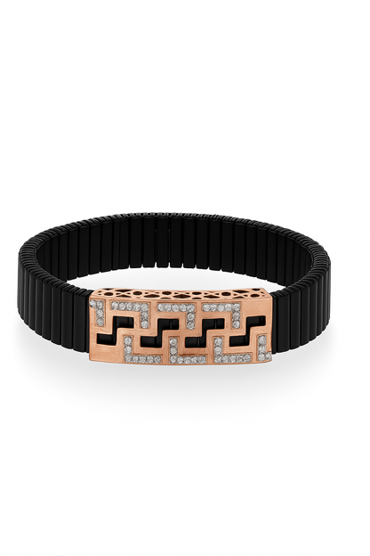 Black Rose Gold Men’s Bracelet with Greek Key CZ Pattern & Stretch Design