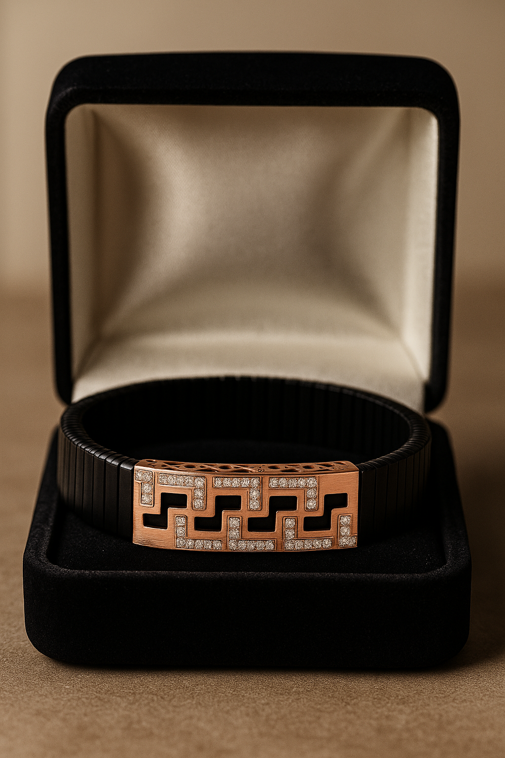 Black Rose Gold Men’s Bracelet with Greek Key CZ Pattern & Stretch Design