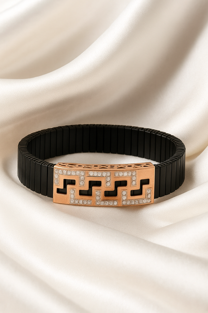 Black Rose Gold Men’s Bracelet with Greek Key CZ Pattern & Stretch Design