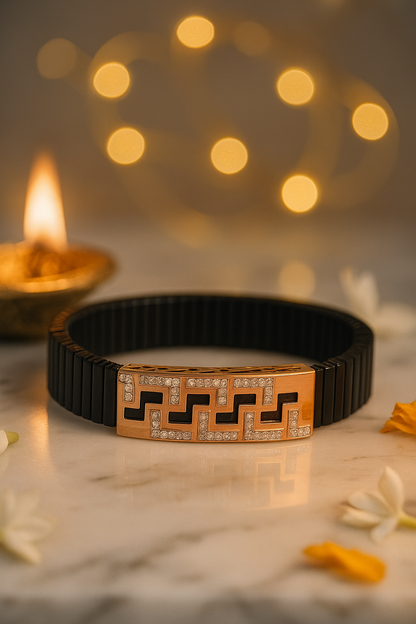 Black Rose Gold Men’s Bracelet with Greek Key CZ Pattern & Stretch Design