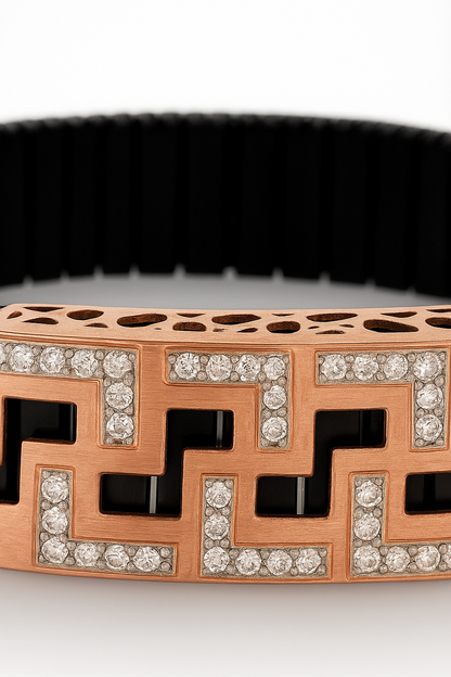 Black Rose Gold Men’s Bracelet with Greek Key CZ Pattern & Stretch Design
