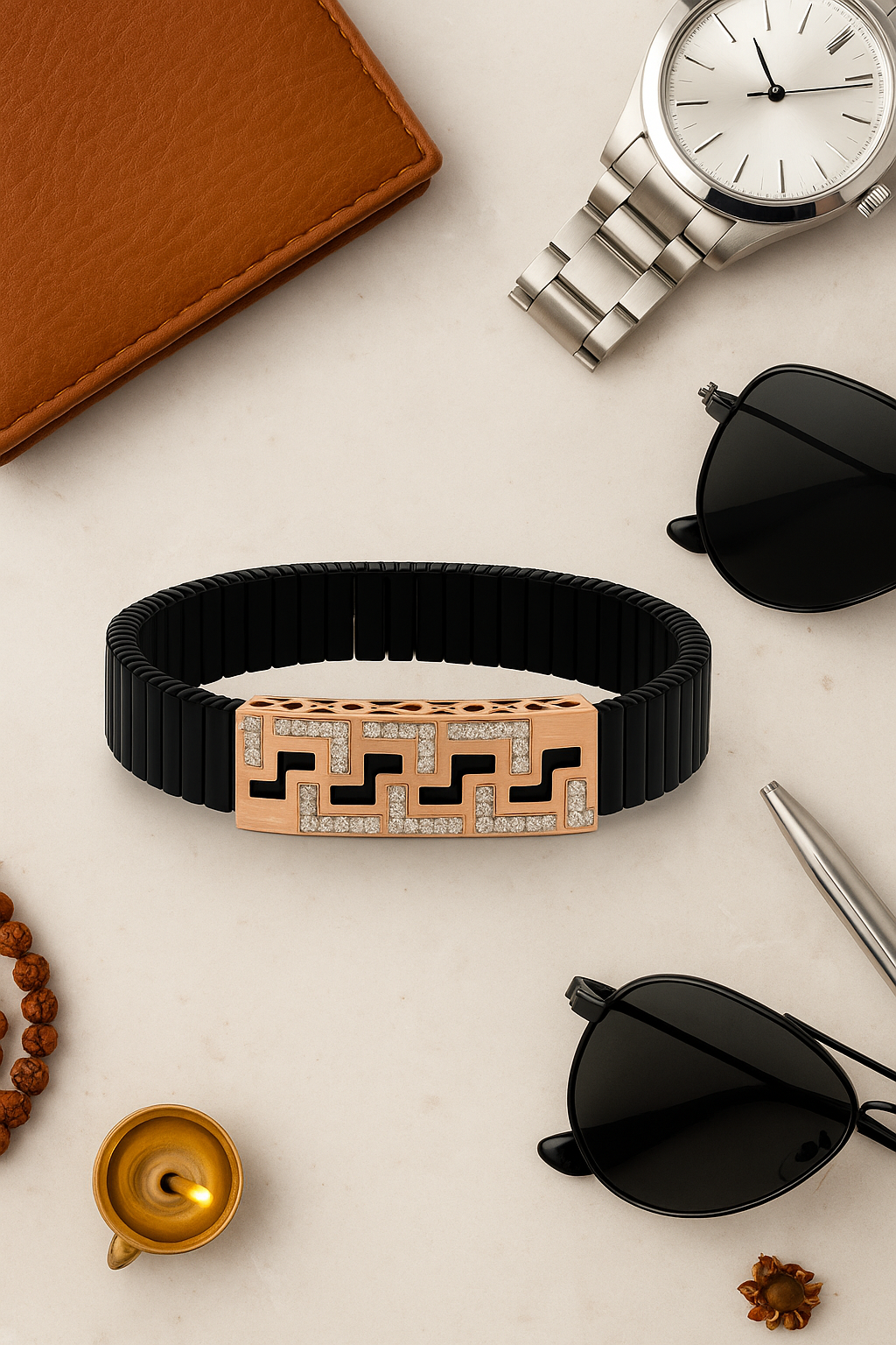 Black Rose Gold Men’s Bracelet with Greek Key CZ Pattern & Stretch Design