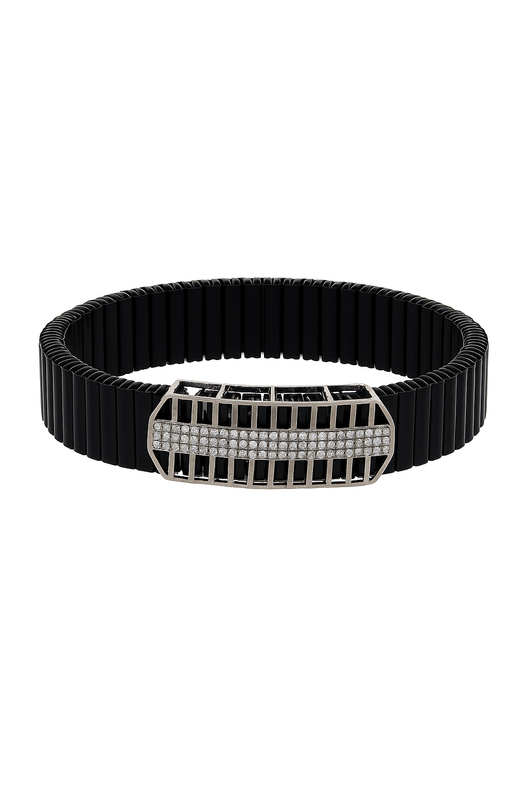 Black Silver Men’s Bracelet with Open Grid CZ Plate & Stretch Design