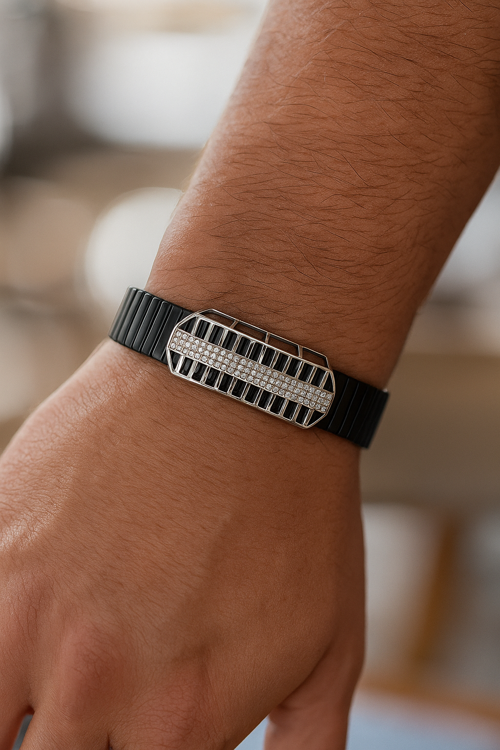 Black Silver Men’s Bracelet with Open Grid CZ Plate & Stretch Design