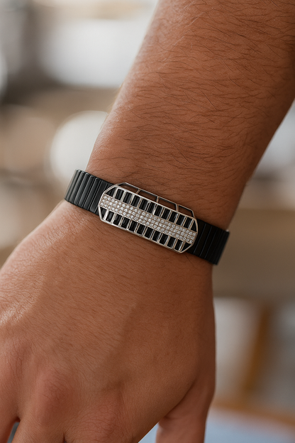 Black Silver Men’s Bracelet with Open Grid CZ Plate & Stretch Design