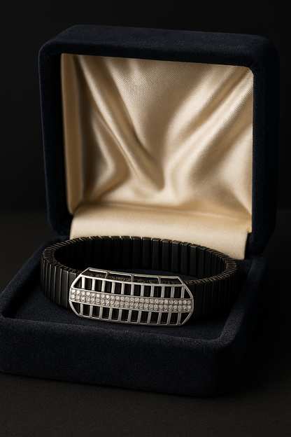 Black Silver Men’s Bracelet with Open Grid CZ Plate & Stretch Design