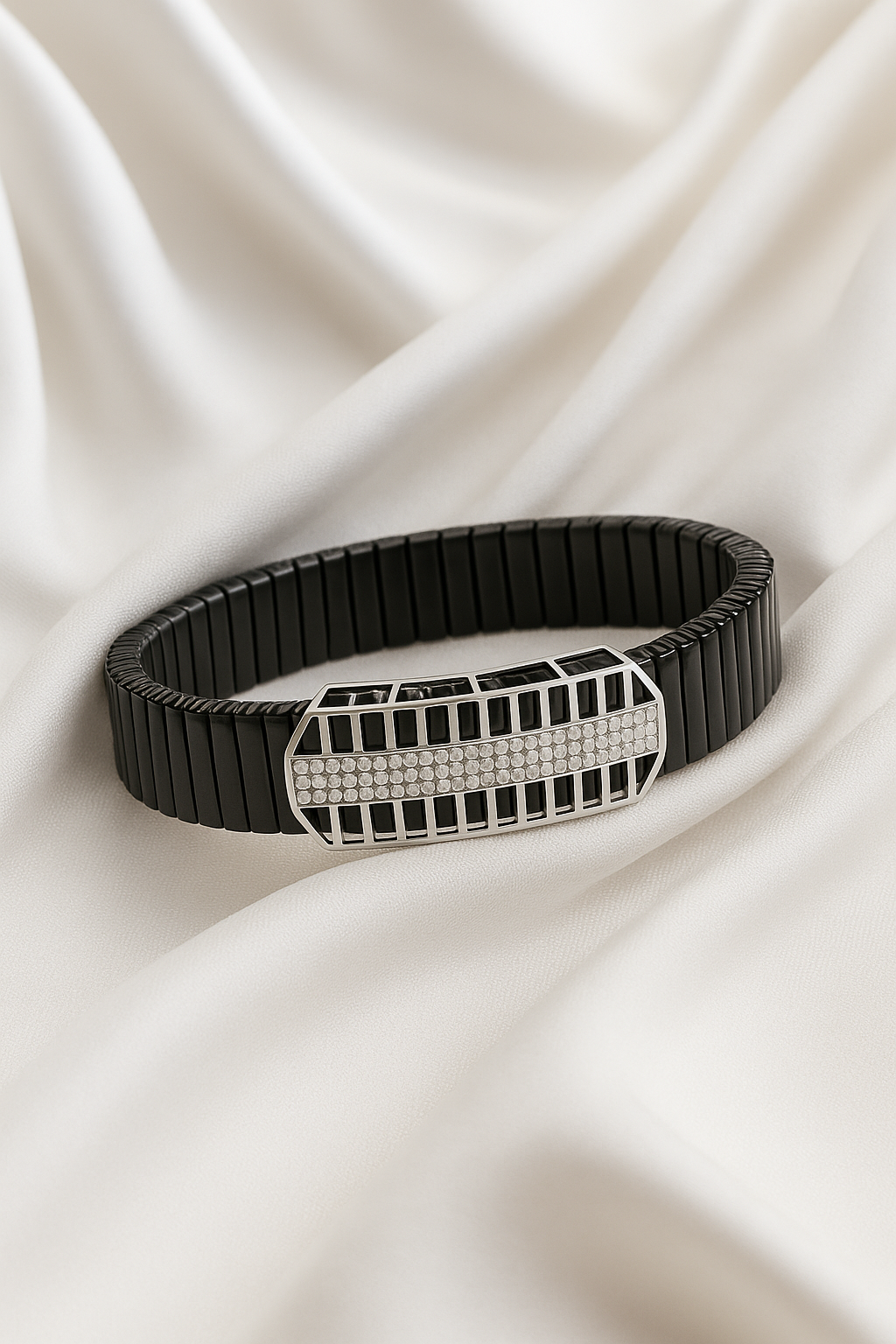 Black Silver Men’s Bracelet with Open Grid CZ Plate & Stretch Design