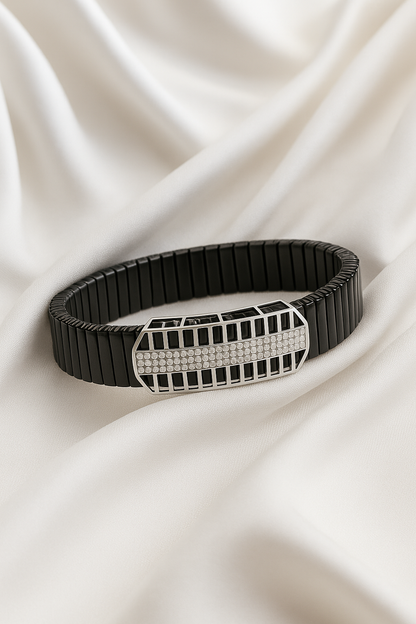 Black Silver Men’s Bracelet with Open Grid CZ Plate & Stretch Design