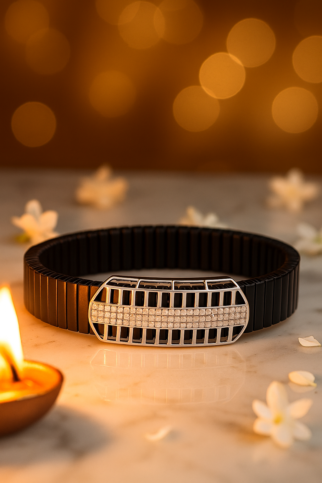 Black Silver Men’s Bracelet with Open Grid CZ Plate & Stretch Design