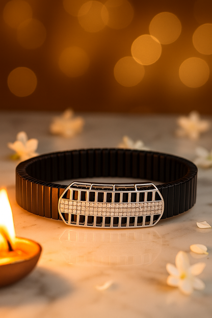 Black Silver Men’s Bracelet with Open Grid CZ Plate & Stretch Design