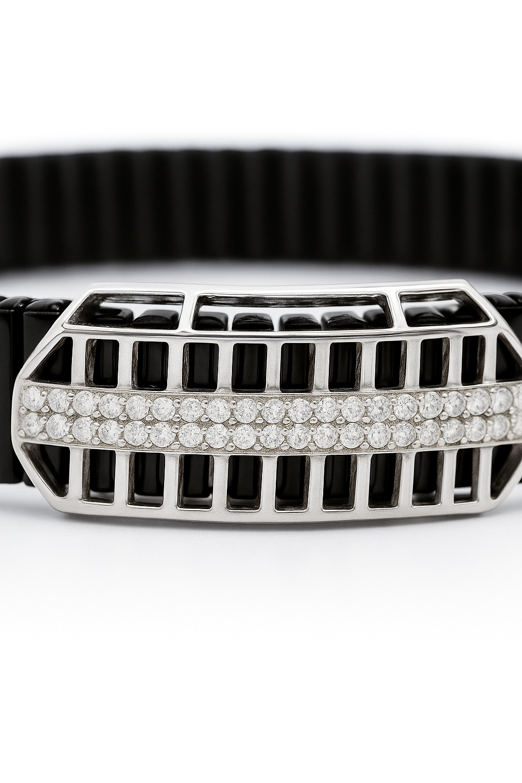 Black Silver Men’s Bracelet with Open Grid CZ Plate & Stretch Design