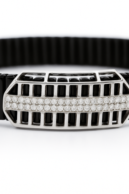 Black Silver Men’s Bracelet with Open Grid CZ Plate & Stretch Design