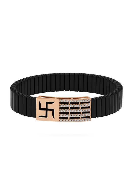 Black Rose Gold Men’s Bracelet with Swastik Plate & CZ Strip Design