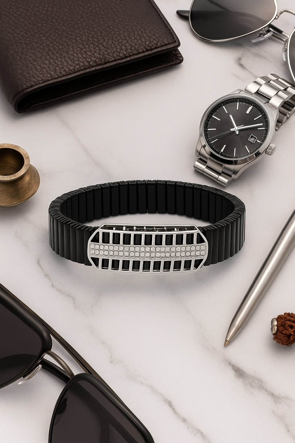 Black Silver Men’s Bracelet with Open Grid CZ Plate & Stretch Design