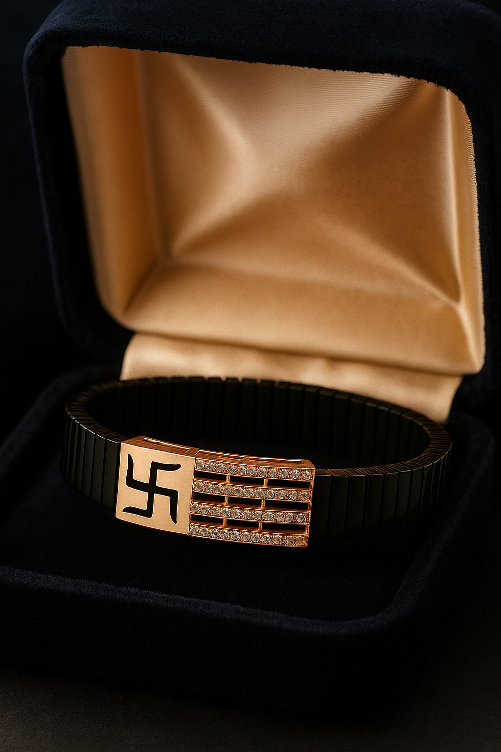 Black Rose Gold Men’s Bracelet with Swastik Plate & CZ Strip Design