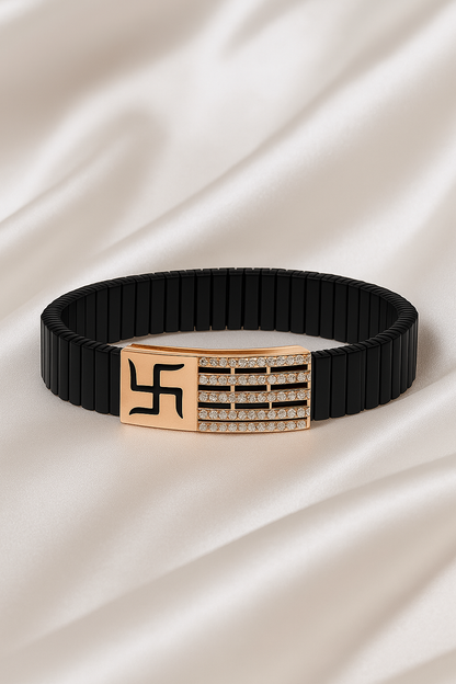 Black Rose Gold Men’s Bracelet with Swastik Plate & CZ Strip Design