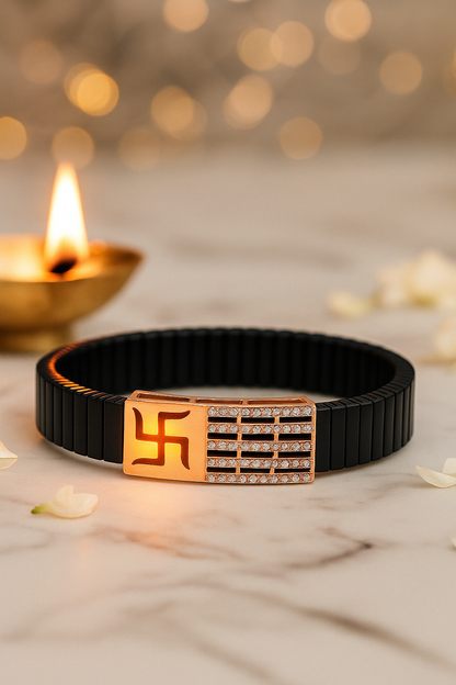 Black Rose Gold Men’s Bracelet with Swastik Plate & CZ Strip Design