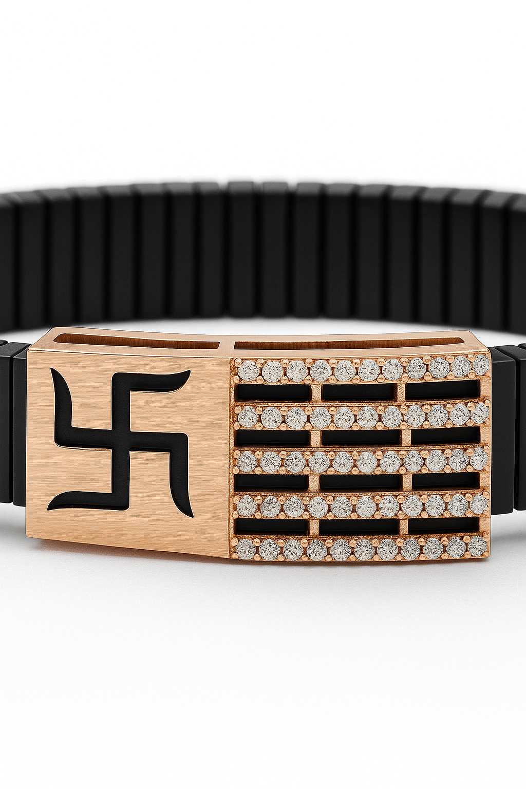 Black Rose Gold Men’s Bracelet with Swastik Plate & CZ Strip Design