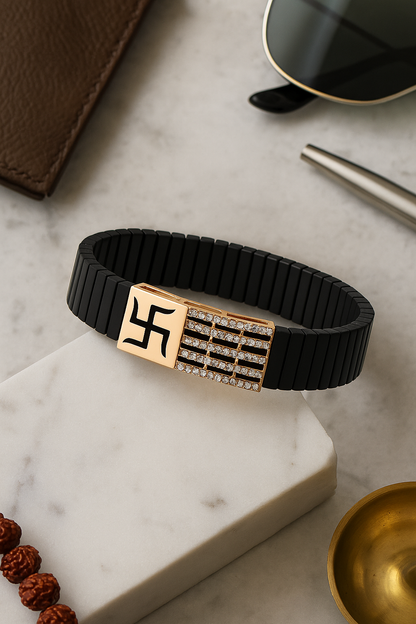 Black Rose Gold Men’s Bracelet with Swastik Plate & CZ Strip Design
