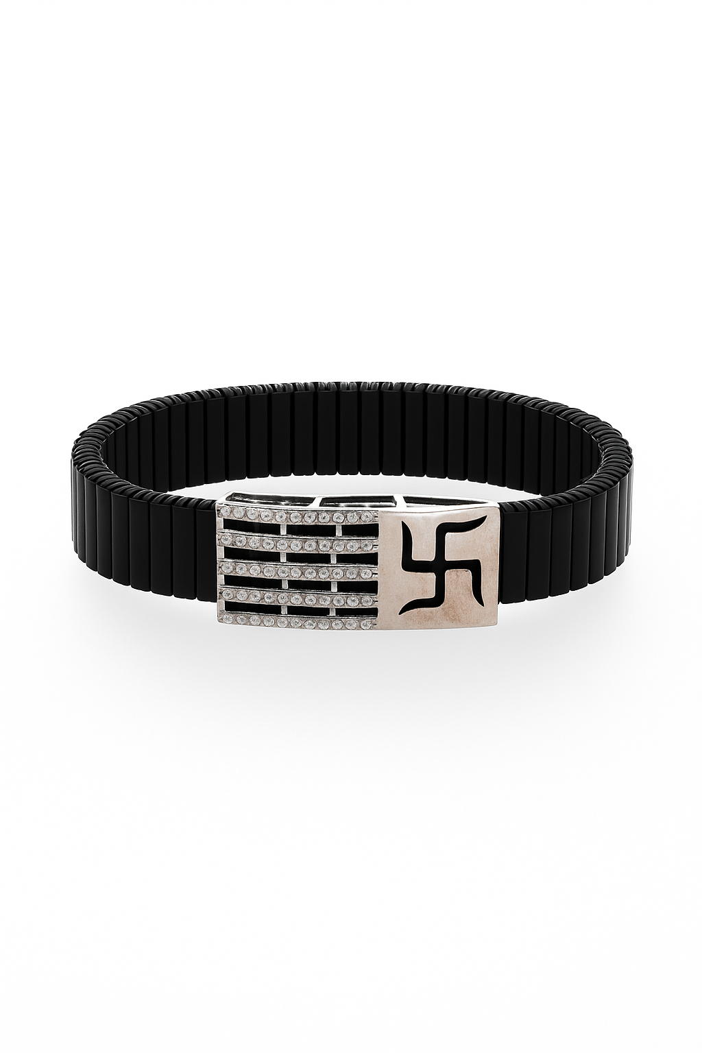 Black Rose Gold Men’s Bracelet with Swastik Plate & CZ Strip Design