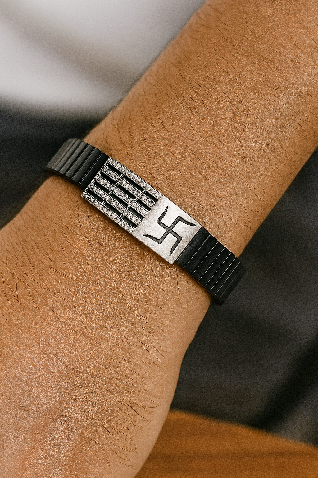 Black Rose Gold Men’s Bracelet with Swastik Plate & CZ Strip Design