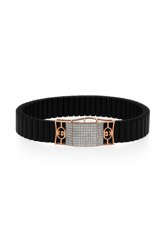 Black Rose Gold Men’s Bracelet with Double Side CZ Plate & Icon Frame