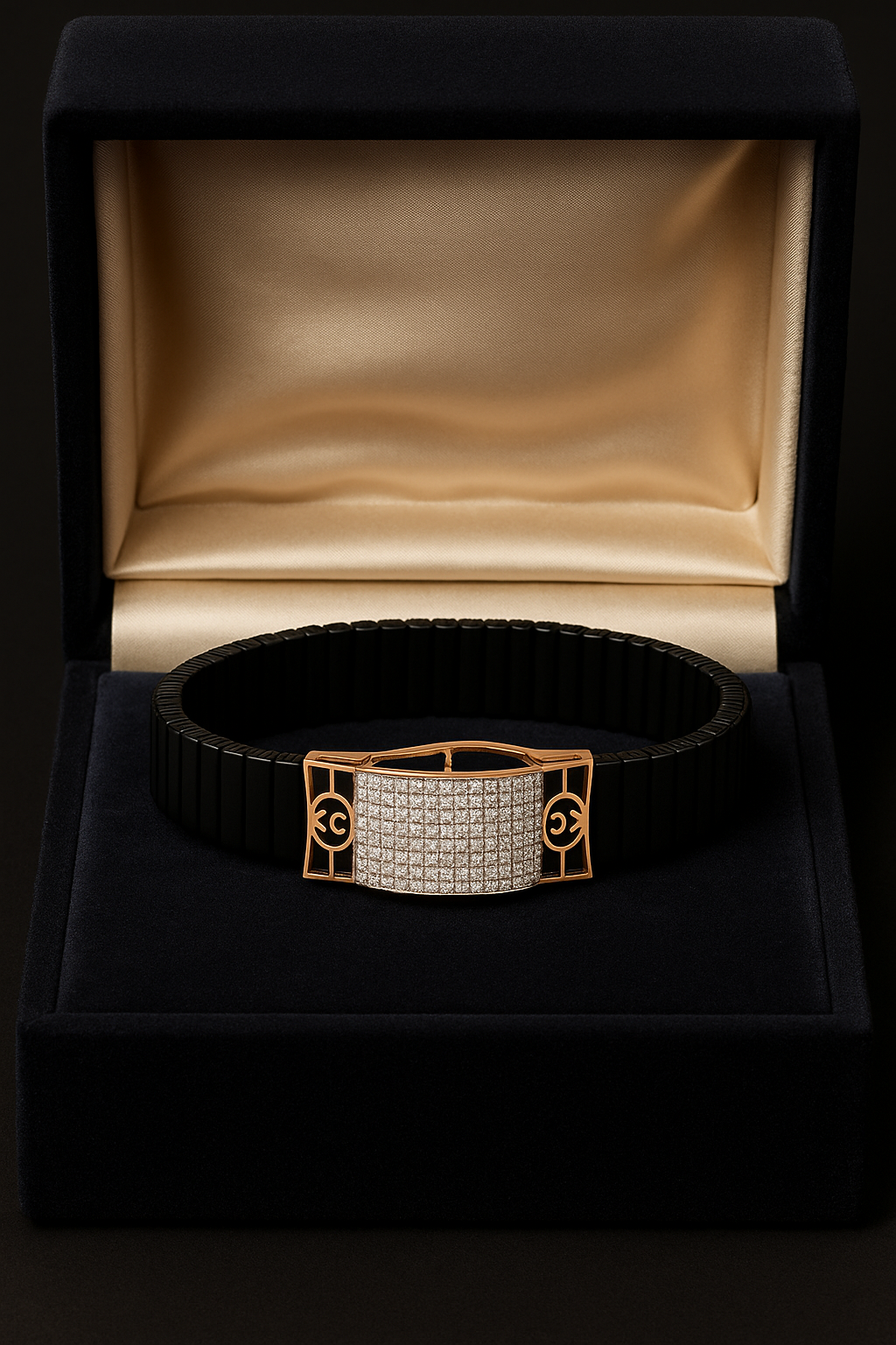 Black Rose Gold Men’s Bracelet with Double Side CZ Plate & Icon Frame