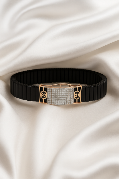 Black Rose Gold Men’s Bracelet with Double Side CZ Plate & Icon Frame