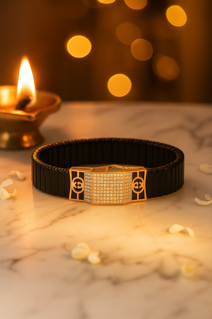 Black Rose Gold Men’s Bracelet with Double Side CZ Plate & Icon Frame