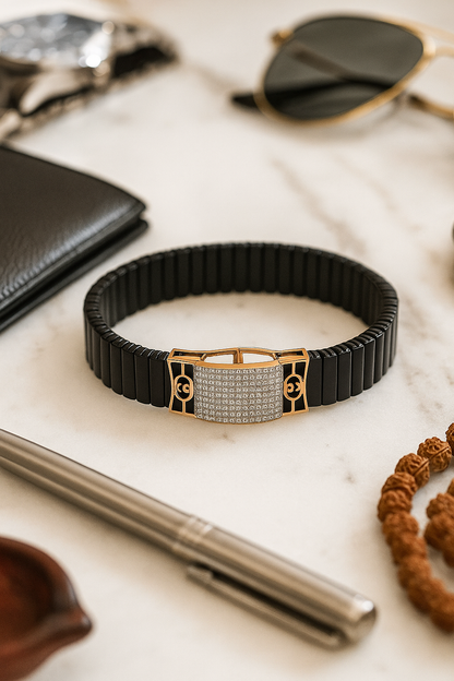 Black Rose Gold Men’s Bracelet with Double Side CZ Plate & Icon Frame