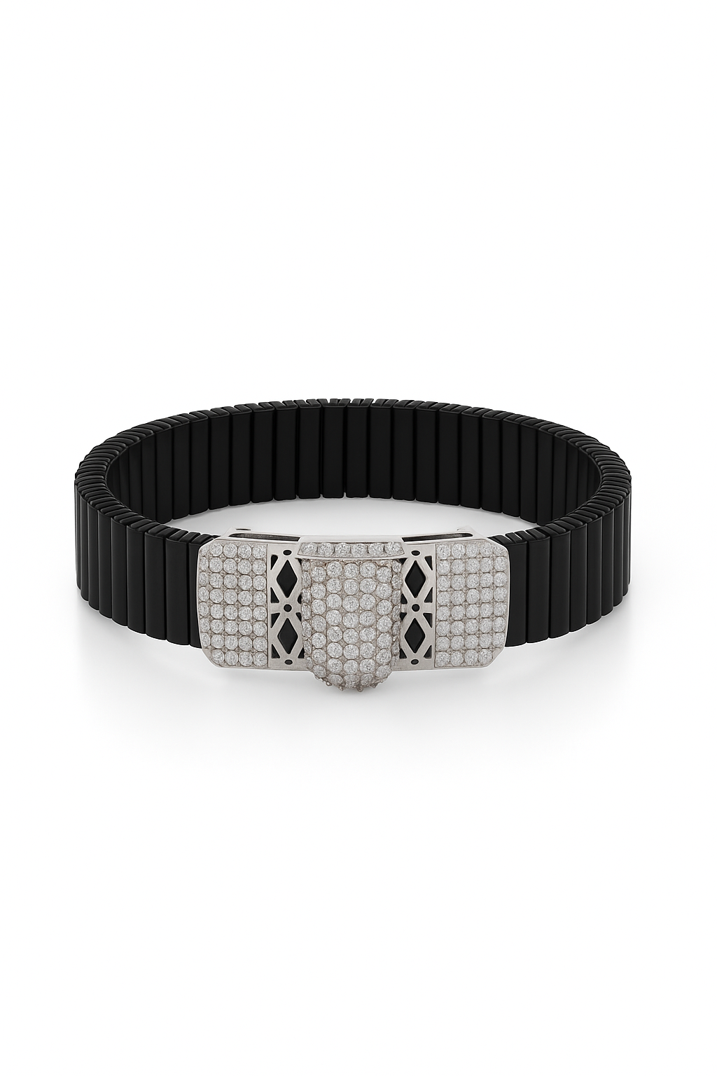 Black Silver Men’s Bracelet with Triple CZ Plate & Diamond Cut Frame