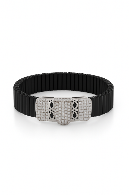 Black Silver Men’s Bracelet with Triple CZ Plate & Diamond Cut Frame