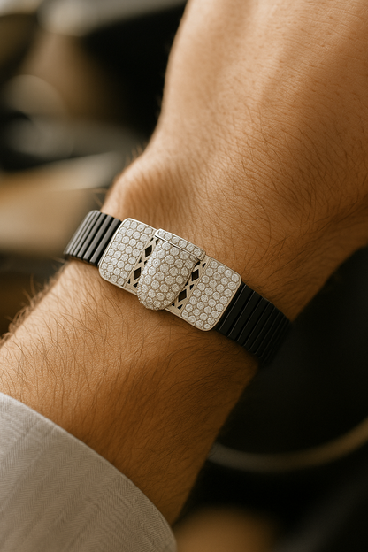 Black Silver Men’s Bracelet with Triple CZ Plate & Diamond Cut Frame