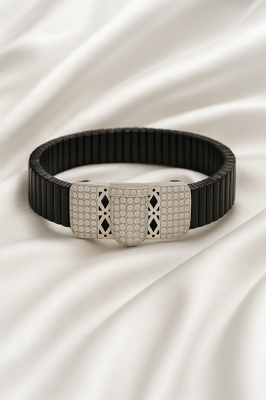 Black Silver Men’s Bracelet with Triple CZ Plate & Diamond Cut Frame